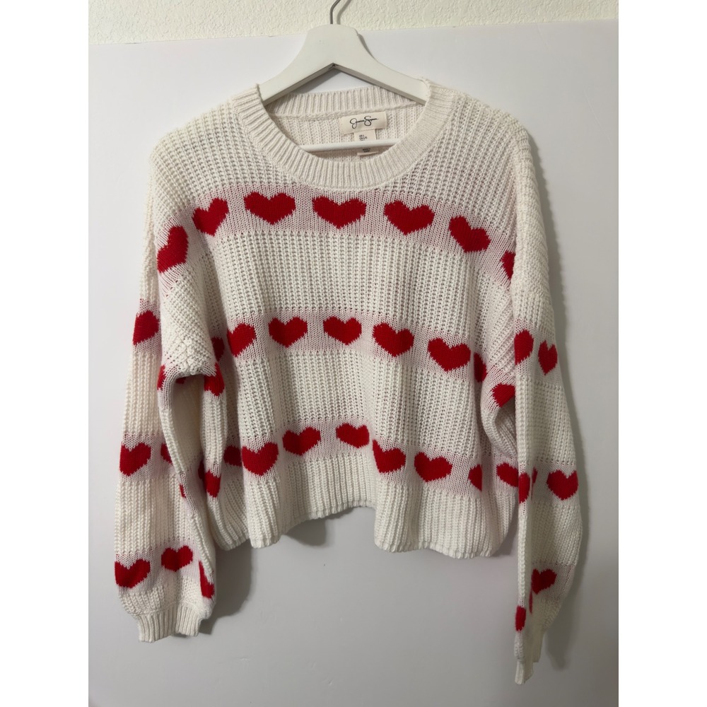 Jessica Simpson Heart Sweater Womens L White Red Ribbed Pullover Coquette Love